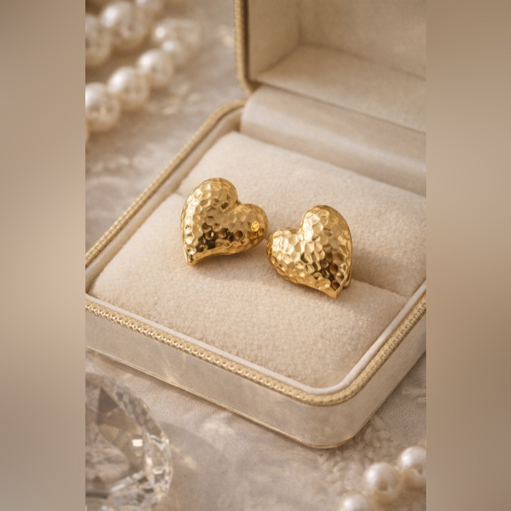 Vintage Hammered Gold Heart Clip-On Earrings | Textured Statement Jewelry | Love